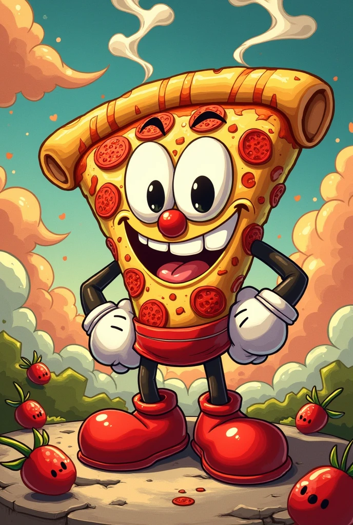 an image in the style of the Cuphead characters but in this case it is a pizza