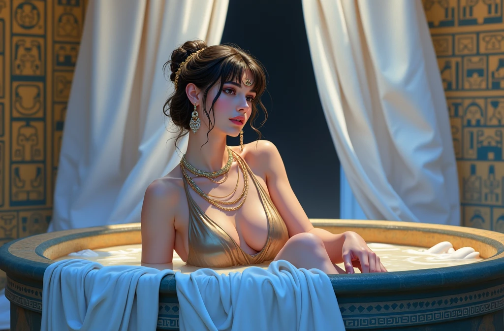 A beautiful Egyptian woman dressed in brown silk bathes in milk in an ancient thermal bath.. The bathroom walls are adorned with intricate hieroglyphics.., Telling stories of ancient Egypt. A soft light filters through an upper opening., throwing a warm, Golden glow upon the scene. The woman is adorned with traditional Egyptian jewelry., Exuding grace and tranquility.