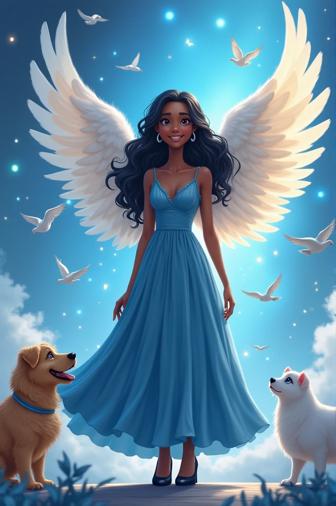 A 26 year old girl with light dark skin ,with big wings like an angel with a smile and has braces on her teeth , her wavy black hair her wide nose with a long blue dress and high black heels like a Goddess on a stage full of white and blue doves and blue butterflies she holding a microphone with her hand , At his side are his 3 pets, a big grey angora kitten, lead-colored all over its body, and his other pet, which is a yellow and white kitten, Her name is Nini, She is smaller, and his last pet, which is a big beige Golden puppy,On stage she has a big name that says Angeles.