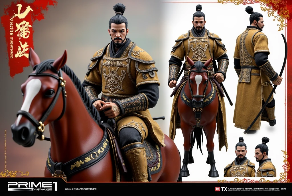 50cm action figure of Lu Bu, handsome face, strong body, wearing a gold and black robe, head decorated with a yak tassel, riding a red-brown horse, holding a halberd in one hand. On the side is an action figure packaging box with a picture of Lu Bu action figure. The box is red, gold and black, 80×120cm in size with the text "(Lu Bu)" on the background, with hands, head and effect parts of the action figure, white background.