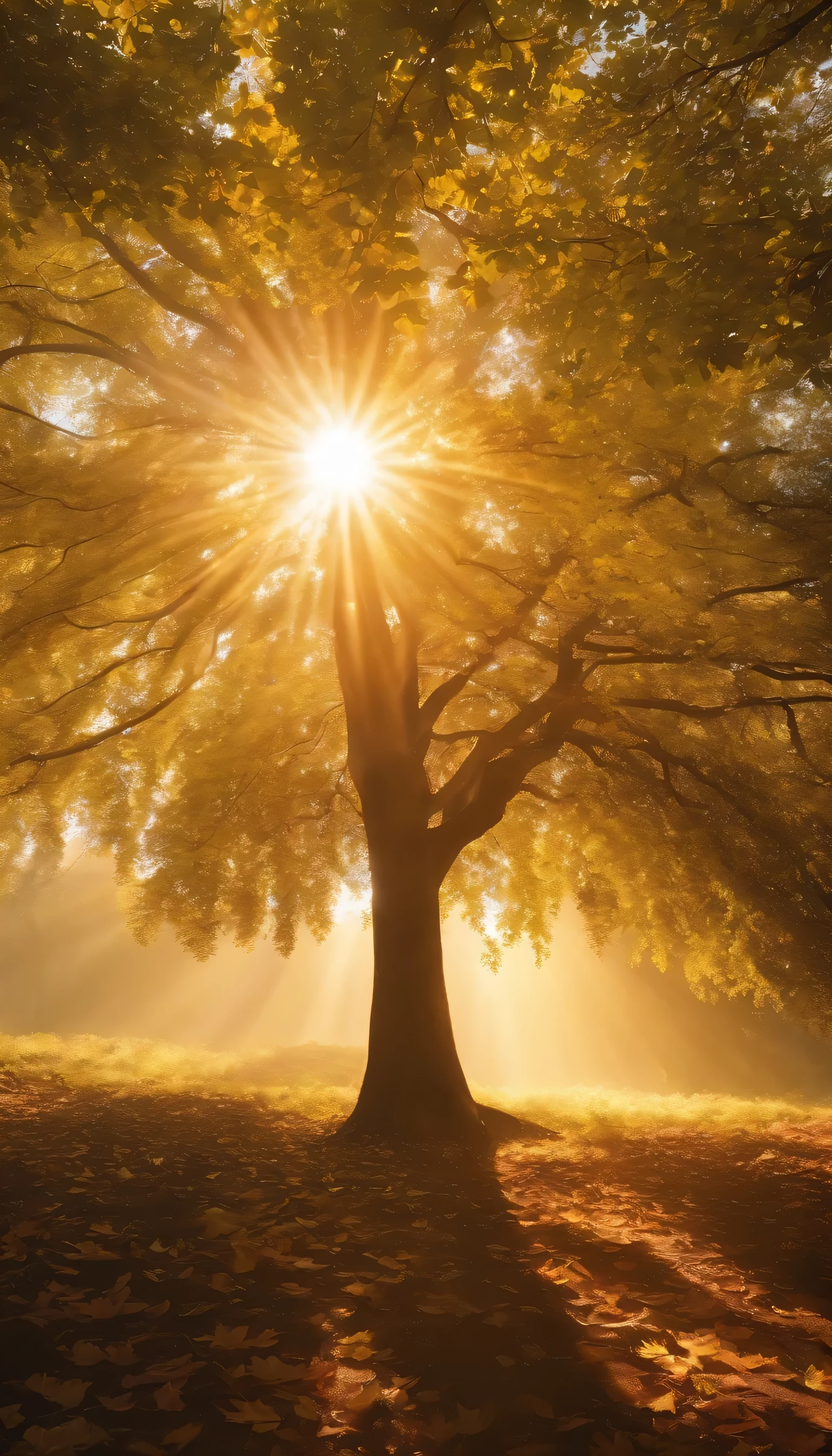 A realistic nature view with glowing tree leafs in the sun and eye catching sun rays tearing between trees in 4k resolution
