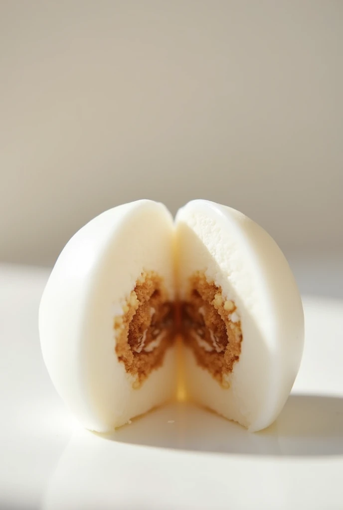 A delicacy that is a white ball with graham or brown fillings. Cut in half