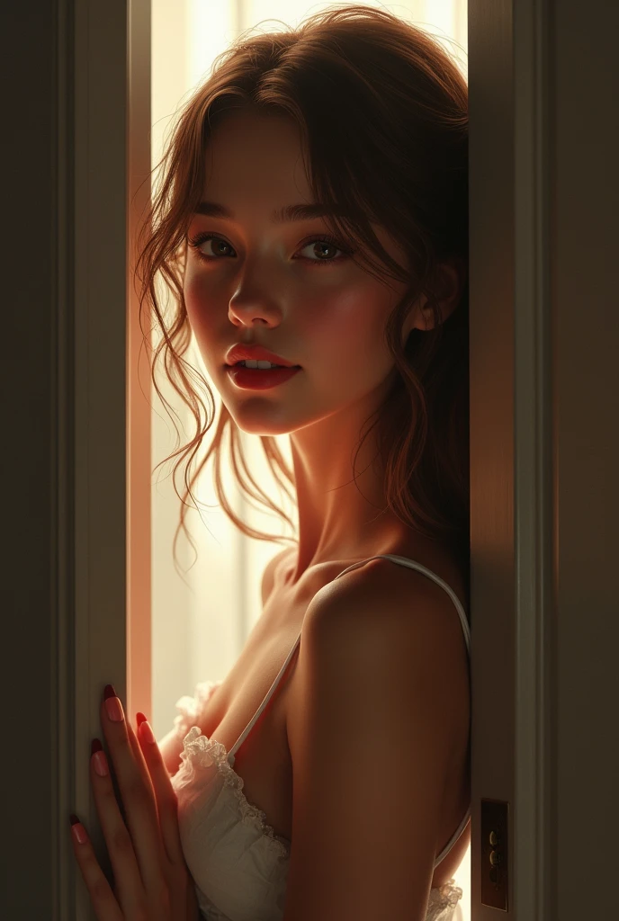 (SFW), masterpiece, best quality, High resolution k, Professional artwork, Famous works of art, Clean, movie lighting, beautiful eyes + detail, beautiful hair + detail, (Lovely young female body:1.4), (cute small breasts), Lactation, happy:1.3, Smile:1.3, looking at the audience sexily, Sexy lips, flowing hair,Anos bug 2, ((TFG1:1.5)), Indoors, doorway, through openness, From above