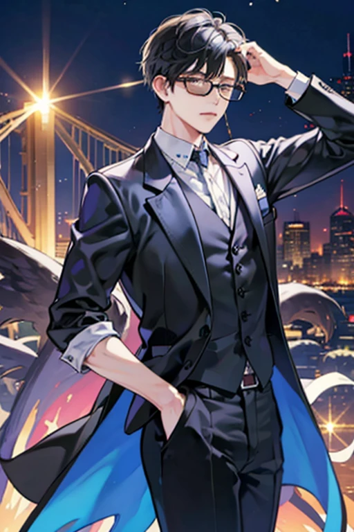 Center Part、Man、Boston-shaped glasses、Black Hair、The background is a night city、Please put on a suit with a vest