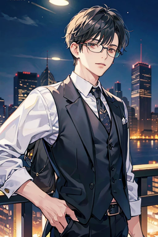 Center Part、Man、Boston-shaped glasses、Black Hair、The background is a night city、Please put on a suit with a vest