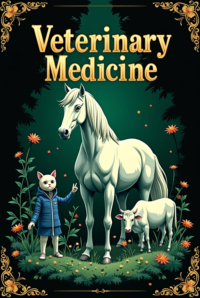 Album cover with green and black background, written in gold Veterinary Medicine with image of Dog underneath, catboy, horse and cow in 2d