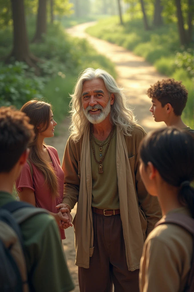 A person accompanying a group of teenagers on the right path