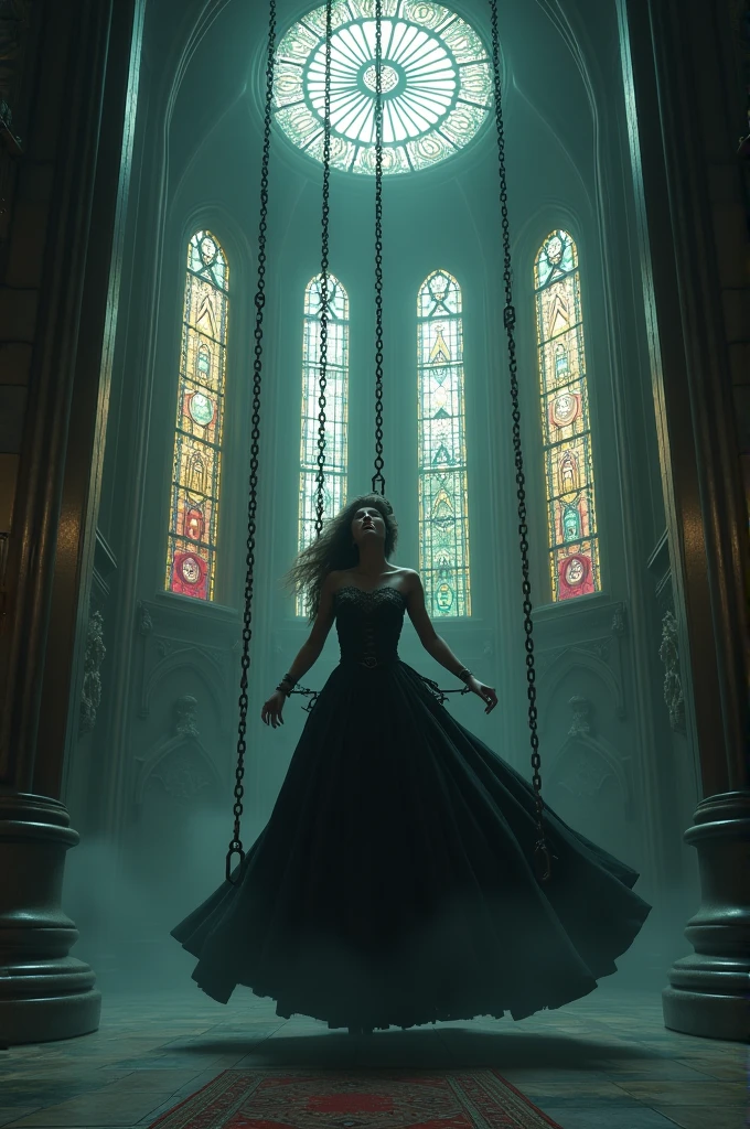 Create an image of a screaming woman in a black and white baroque dress lying on her back hanging in the air with her entire body tied in chains like a cocoon to each wall inside a gothic cathedral. The cathedral features tall stained glass windows and an elaborate rose window, with light shining through the misty atmosphere, creating a dramatic and mysterious atmosphere.