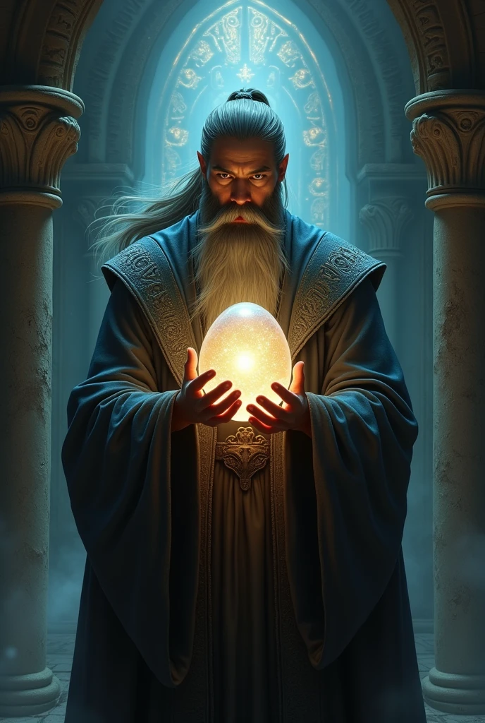 a wizard with hair tied in a ponytail, holding an egg
