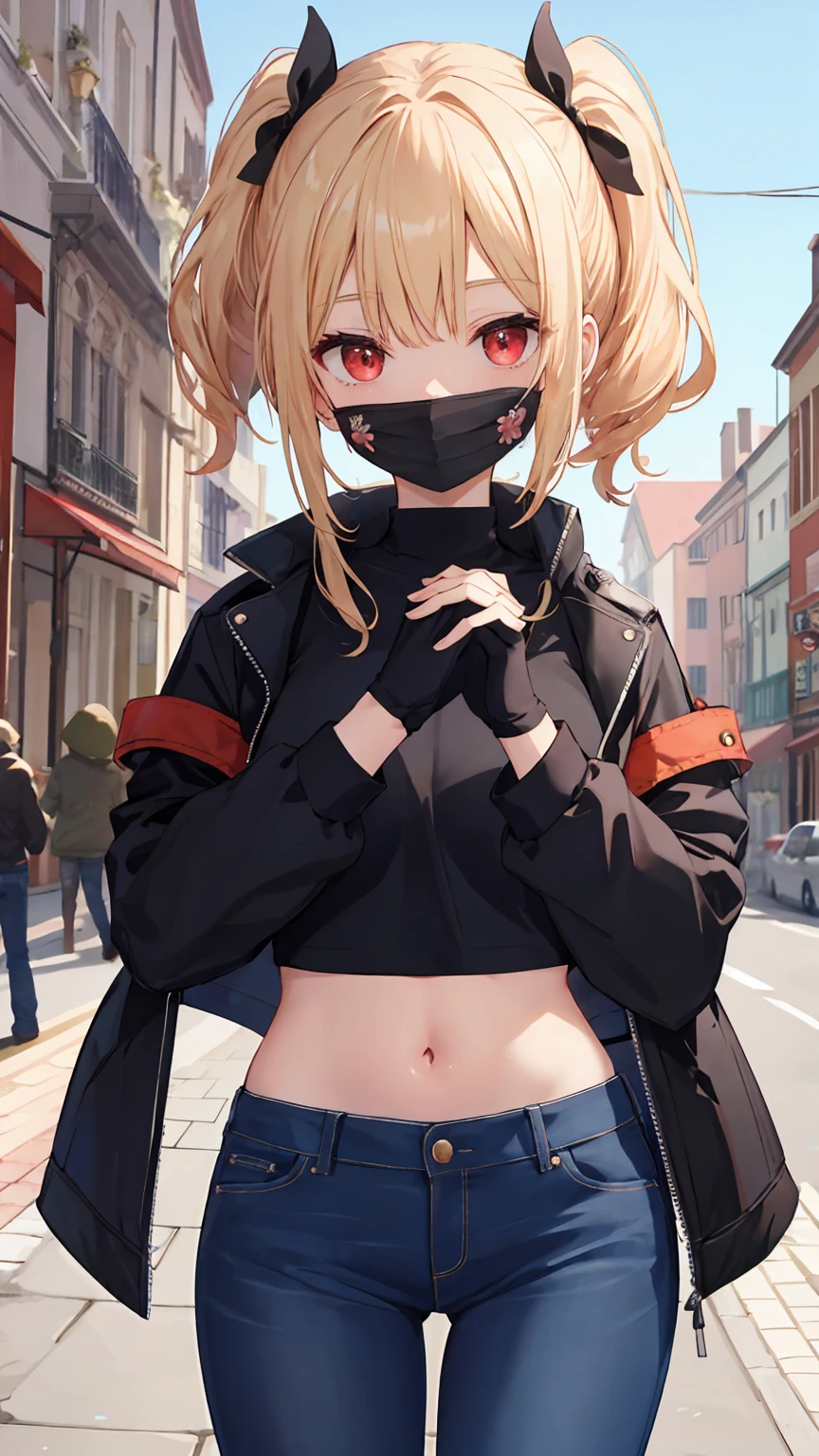 Lucy、Red eyes、Blonde Hair、Side Ponytail, (Highest quality, masterpiece:1.4) , (Absurd:1.2), One person,  映画照明
break モトサイクルヘルメット、Black jacket、Long sleeve、Open jacket、Neck mask、half gloves、Black Shirt、Crop tops、Midfiff、Black shorts、Denim pants、High heel boots、Knee Boots、破れたシャツ
break looking at viewer, (Cowboy Shot:1.5), smile,下から構figure, Thighs, セクシー 
break  (masterpiece:1.2), Highest quality, High resolution, unity 8k wallpaper, (figure:0.8), (美しいFine grain:1.6), Highly detailed face, Perfect lighting, Highly detailed CG,
break  (Perfect hands, Perfect Anatomy)  ((masterpiece,Highest quality)), Super detailed, Shine, Shine光, Ray Tracing, 
break (Perfect Face, Detailed face, Fine grain, Perfect hands, Perfect Fingers:1.5), HD, Super cute face, Highest quality, Super detailed break Shine目, (Highest qualityの写実的なイラスト), (Super fine), (Cute illustrations:1.3), 
break (High chroma:1.3), Beautiful detailed face and eyes, Dynamic lighting, (Very delicate and beautiful) 
break (Nice hands), (Perfect hands:1.4), Highly detailed illustration, Super cute and beautiful, Highest quality, slender, ,ベビーフェイス
break  (European-style townscape, Fantastic landscape), (Complex background, There are many elements in the background:1.2), ((Super detailedな背景)), Mistress Pose, ((8K wallpaper)),