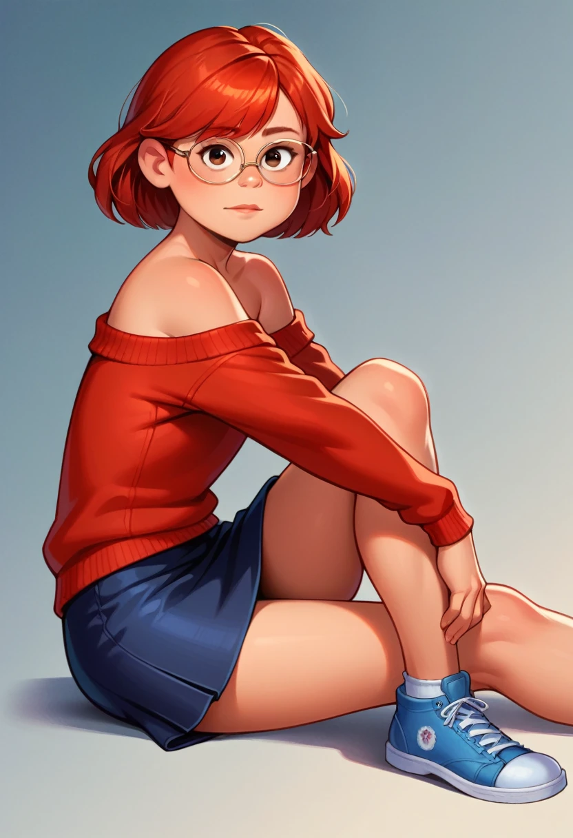 May Lee, Red hair, eyes browns, Tilt your head, cowboy shot, thin glasses, Blue wide skirt, ((red sweater)), bare shoulders, 1 girl, standing alone, ((dark blue skirt), gazing at viewer, all-body, sitting down, pose, blue sneakers, best qualityer, no flaws