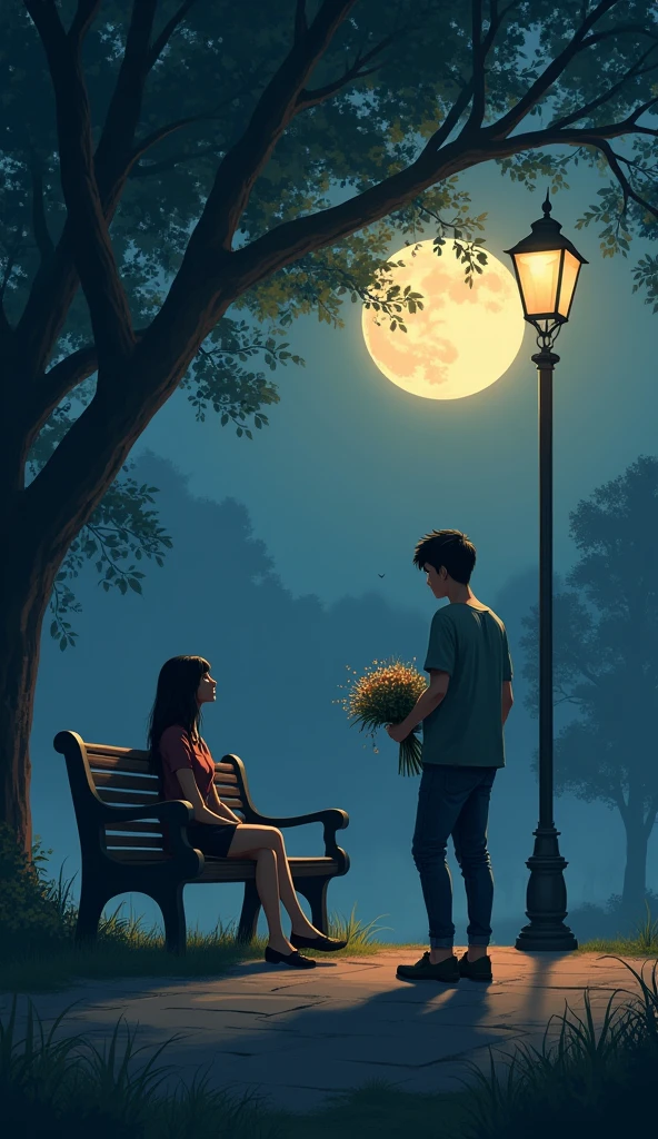 "A quiet night scene in a park. A young man, casually dressed, stands a few steps away from a wooden bench, holding a bouquet of fresh flowers in his hand. The moonlight softly illuminates the surroundings, while a nearby lamppost casts a warm, subtle glow on the woman seated on the bench. She looks peaceful, her face gently lit by the light, as she sits with her legs crossed, waiting. The atmosphere is still and intimate, with shadows from nearby trees and the soft rustling of leaves in the cool night breeze, creating a realistic, romantic moment."