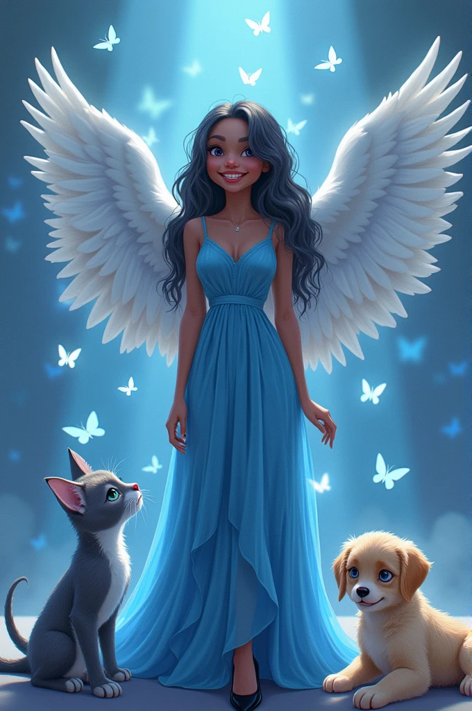 A 26 year old girl with light dark skin ,with big wings like an angel with a smile and has braces on her teeth , her wavy black hair her wide nose with a long blue dress and high black heels like a Goddess on a stage full of white and blue doves and blue butterflies she feeling a microphone , At his side are his 3 pets, a big grey angora kitten, lead-colored all over its body, and his other pet, which is a yellow and white kitten, Her name is Nini, She is smaller, and his last pet, which is a big beige Golden puppy, On stage she has a big name that says Angeles.