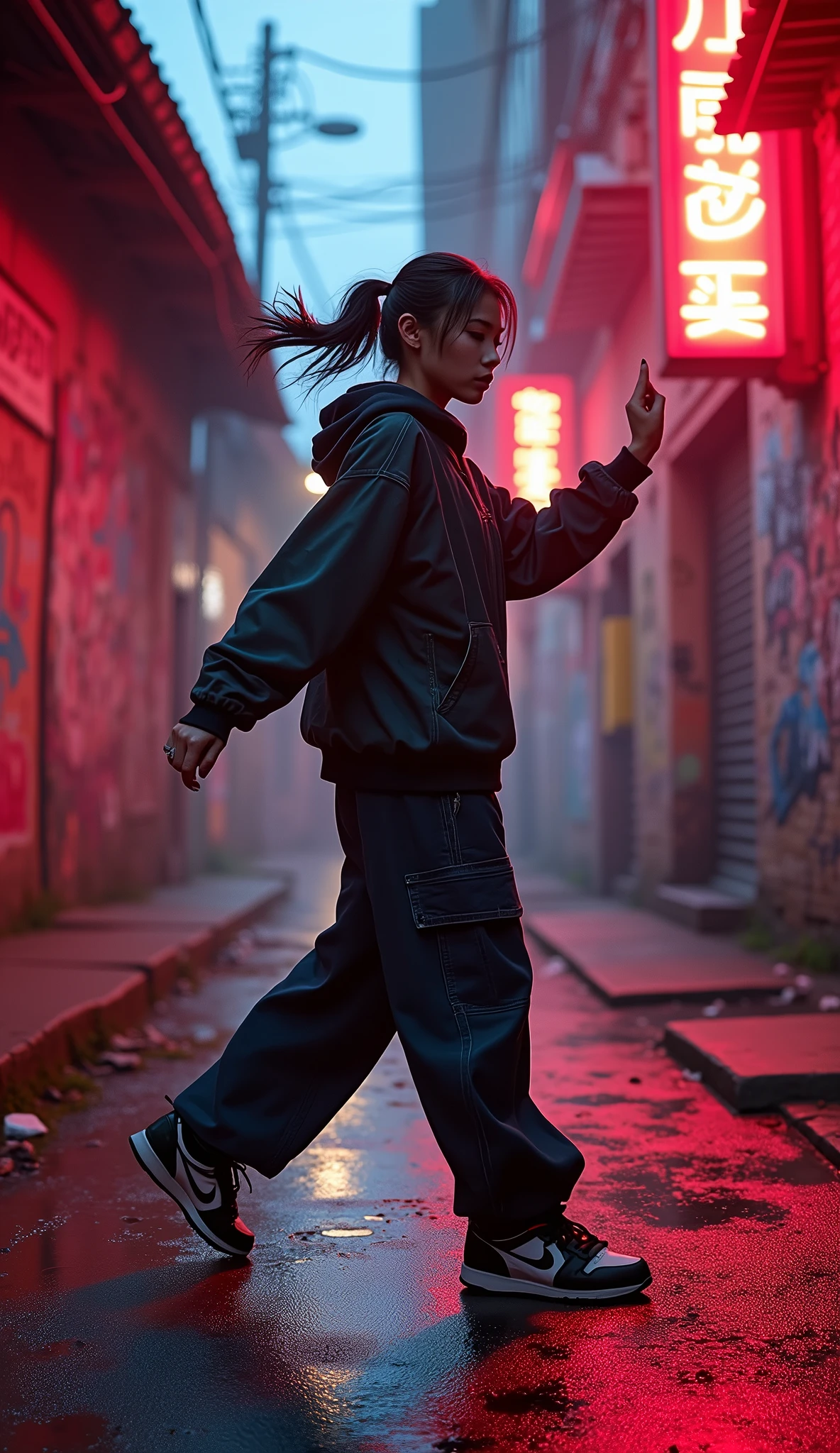 1990s , 1 asian female, 90s streetstyle hiphop fashion, baggy thick edgy loose clothing, Melbourne shuffle jumping shuffling footwork , expressive pose, urban allyway environment, neon lights, cinematic lighting,, extremely detailed, photorealistic, 8k, film grain, dynamic composition, high quality, masterpiece