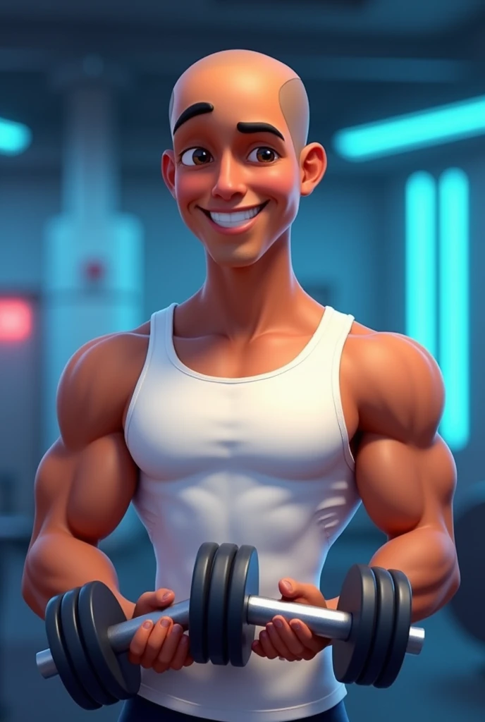 (logo coach Lucio) Pixar-style cartoon logo promoting logo Coach Lucio an 18-year-old bald brown skin color man smooth brown skin, and a bright, confident smile, wearing a crisp white tank top, holding a pair of dumbbells, gym background with subtle neon blue accents, evoking a sense of energy, strength, and motivation,  arms and toned physique prominently showcased, holding dumbbells
