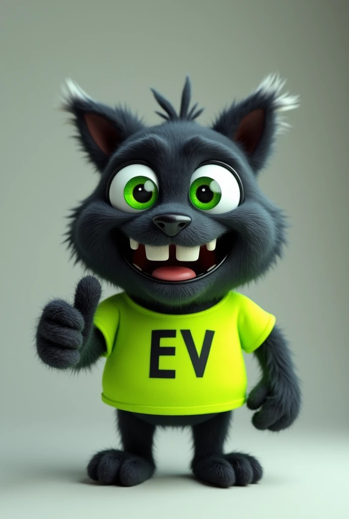 a black socket, format in, with white tips, wearing a fluorescent green shirt with EV written on it, giving a thumbs up with big green eyes and a wide happy smile