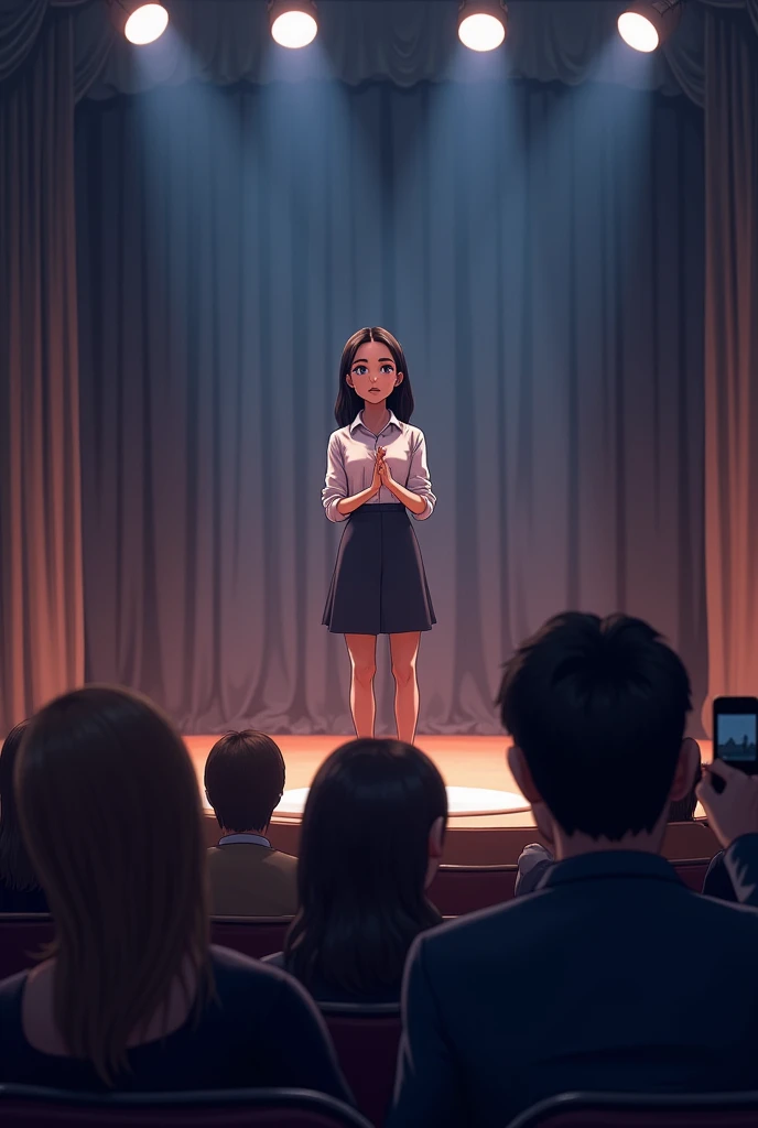 A girl speech in stage. Front in more Audience. Audience site a photograph take photo that girl camera man in audience and take click this girl use camera. Photographer make clear