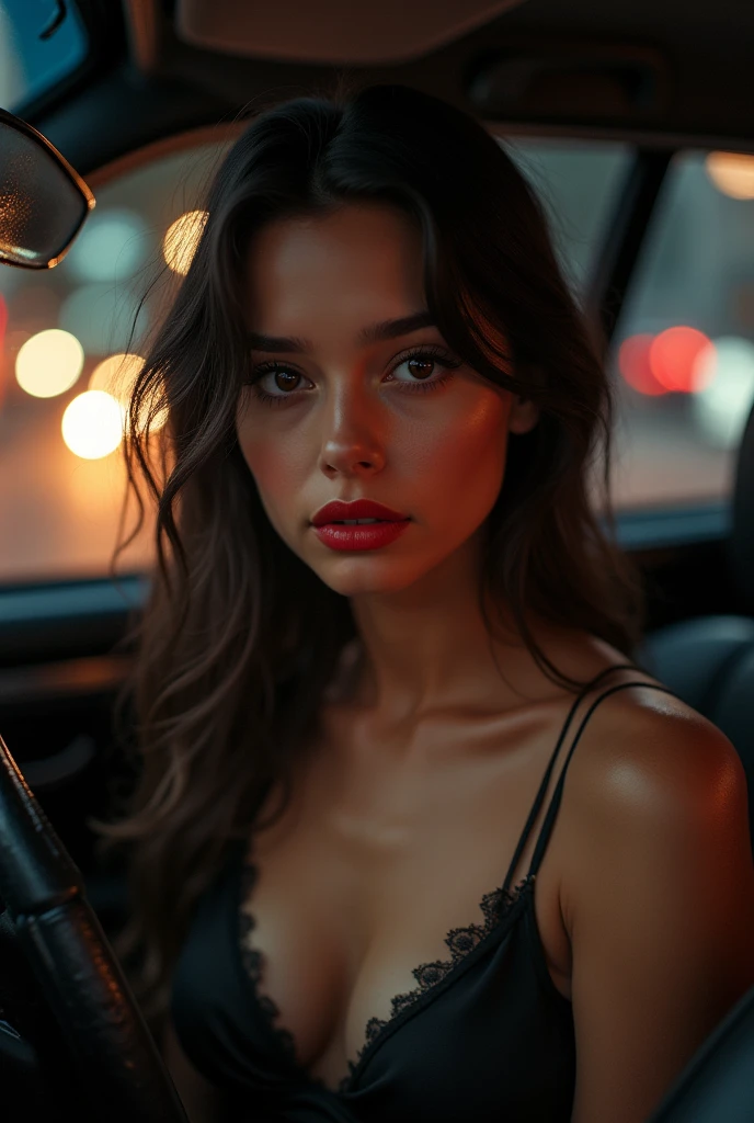 Cute eighteen year old, front seat of car, short dress, low cut dress, brunette, red lips, young, intense stare, eye contact, nighttime, street lights,