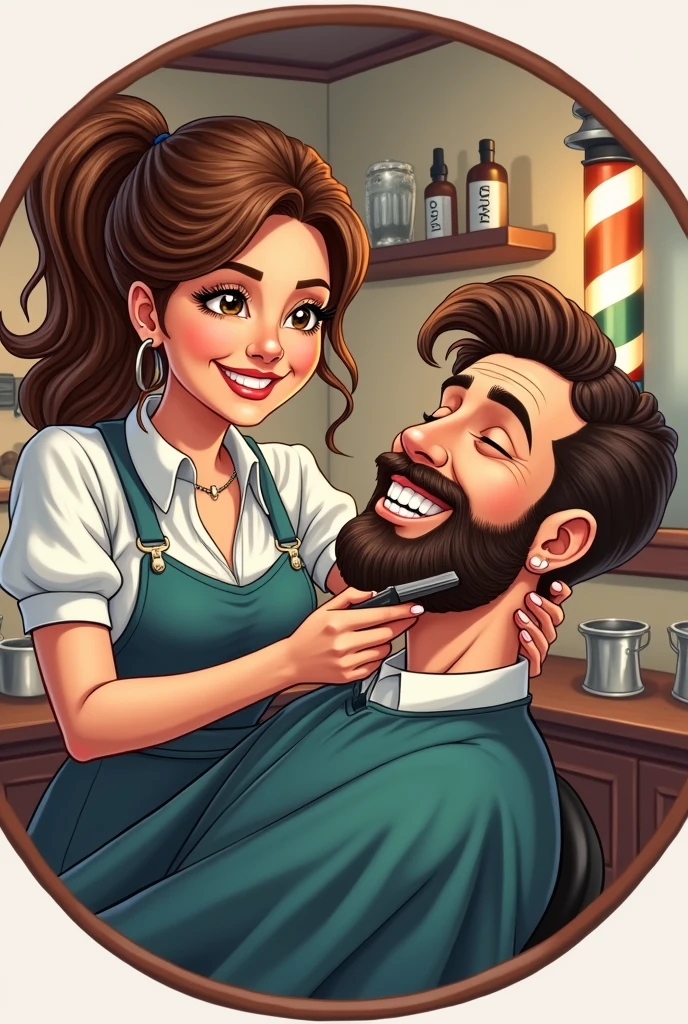 Woman shaving man cartoon but both are smiling for a barbershop logo with round frame 