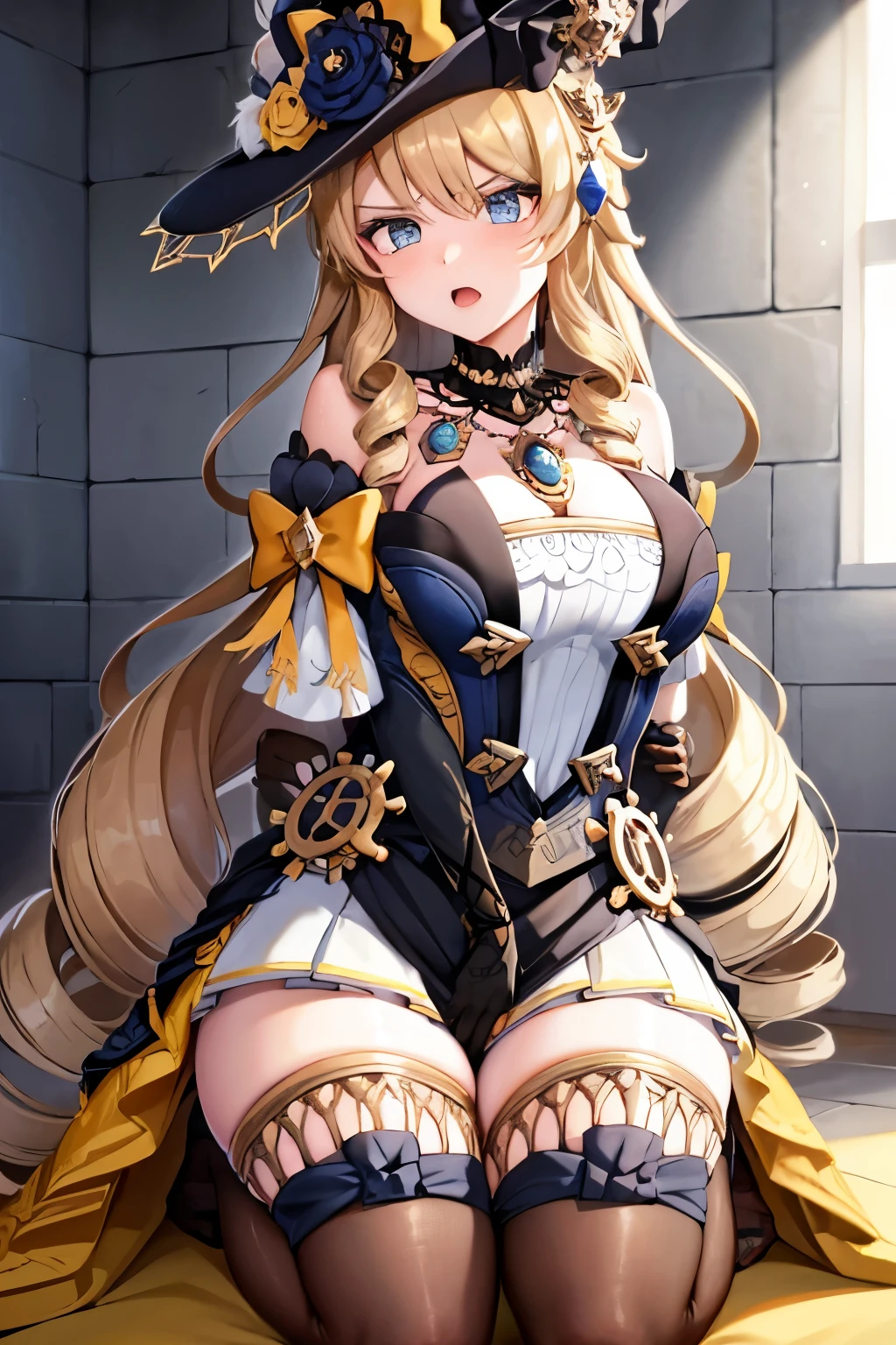 navia_gi, looking at viewer, bad mood, (sweat), open mouth, skirt, thighhighs, gloves, hat, dress, holding, bare shoulders, ((hands tied behind)), (arms behind back), sitting on the knees, ((seiza)), indoors, detached sleeves, garter straps, drill hair, brown gloves, brown headwear, basement, concrete floor, concrete wall, scowl,