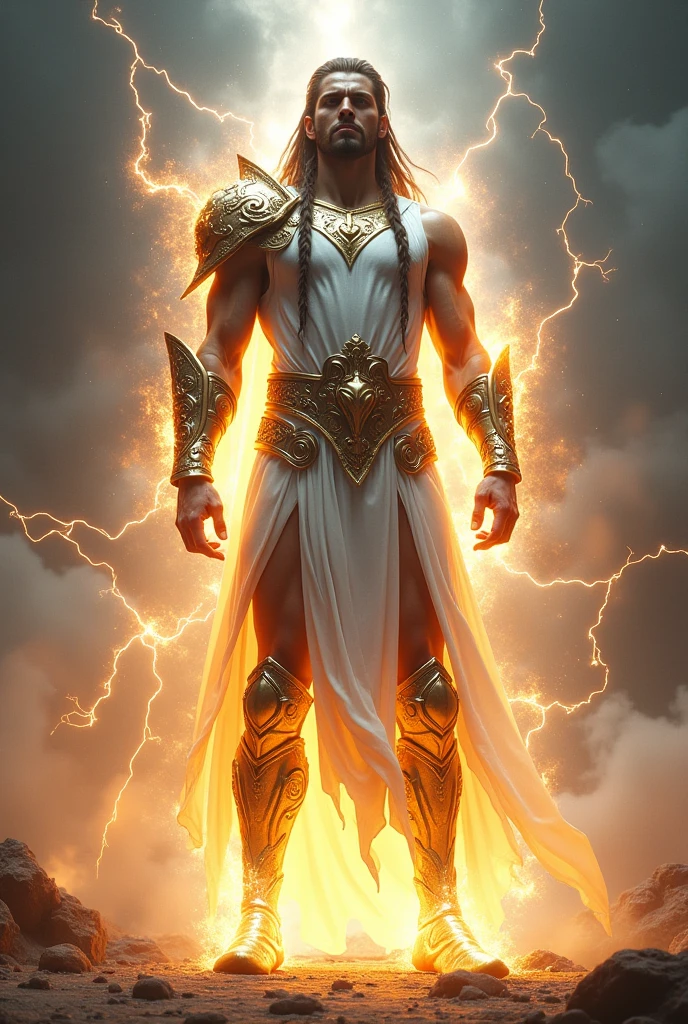 generate images of a tall an slim muscular man with   two braids of his hair beside his face
in white and silver coloured armour holding a gold staff
Cover his entire body in a gold armour increase his size  and make lightening and fire radiate from his body
