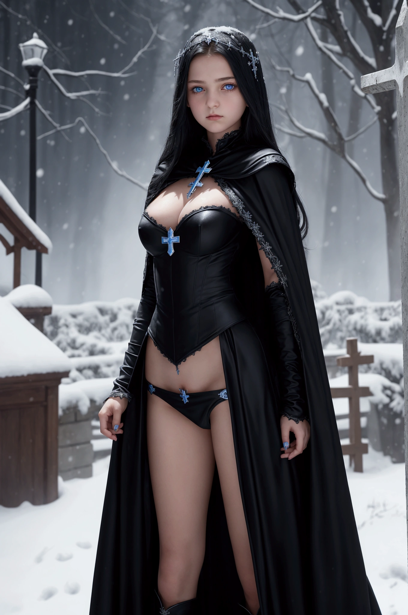 girl, evil, teen(1.3),13 yearslack hair and blue eyes, detailed face, angelical face,cleavage, small breasts, dress with cape, desing with christian cross ,witch background in snow in prussia