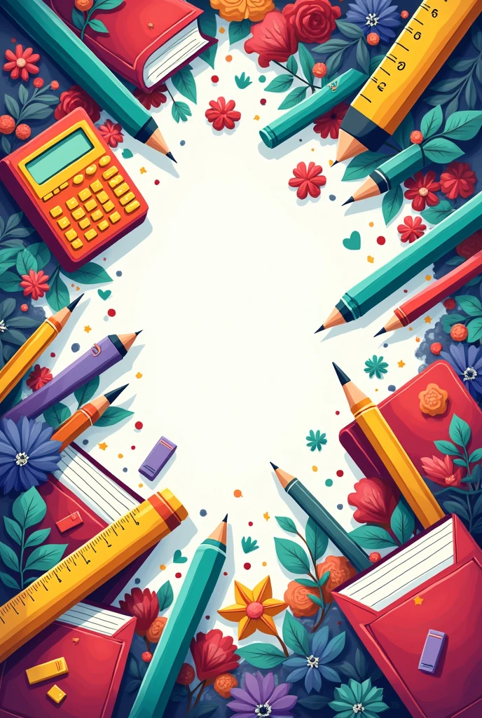 Design a background filled with vibrant illustrations of classroom tools such as rulers, calculators, and notebooks. Use bright colors like red, turquoise, yellow, and purple. The