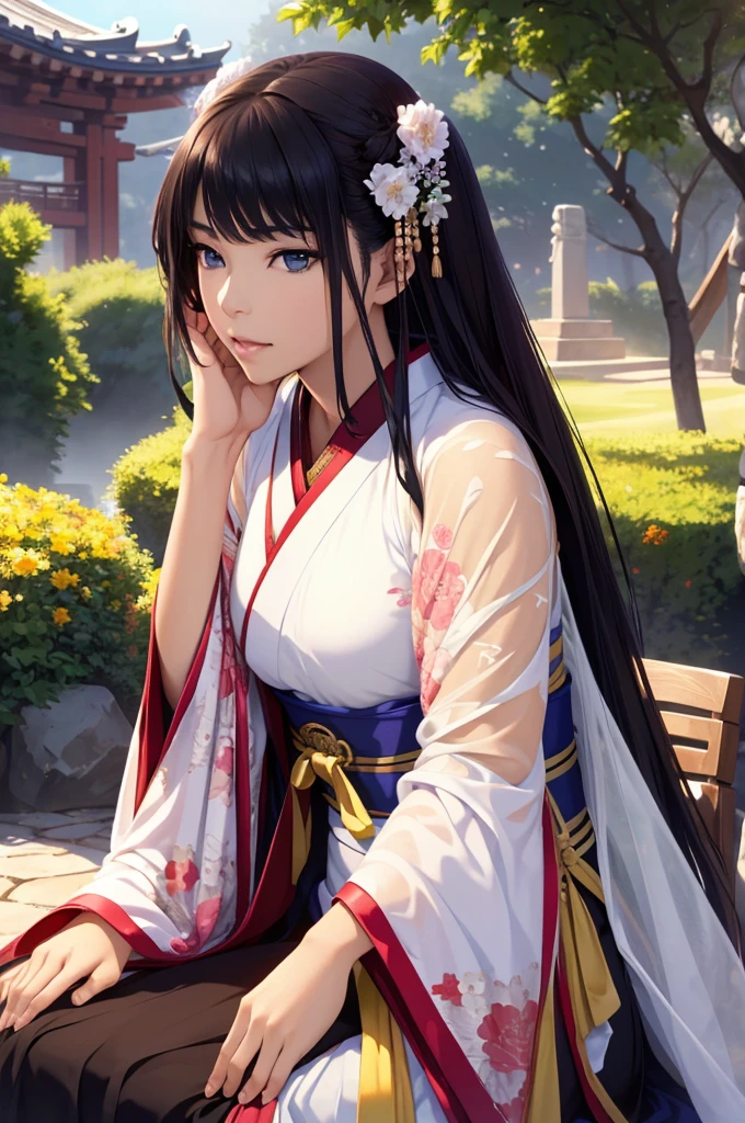 Starry sky and fog cover the landscape.Rich historical background. (Highest quality,4K,8k,High resolution,masterpiece:1.2), Very detailed, (Realistic,Realistic,Photorealistic:1.37), High resolution, Hyper HD, Studio Lighting, Ultra-fine painting, Sharp focus, Physically Based Rendering, Very detailed説明, Professional, Vibrant colors, Bokeh, Sports Late, Ancient War Landscapes, Traditional Chinese Painting Techniques, Atmospheric lighting, Dynamic Pose, Complex combat scenarios, Vivid color contrast, Visually stunning composition, Ethereal atmosphere,Very detailed目と顔, Beautiful attention to detail, Light on the face, (Hanfu: 1.1),Green Eyes、((Sitting on a rock in the garden(Poses to make your thighs look beautiful))