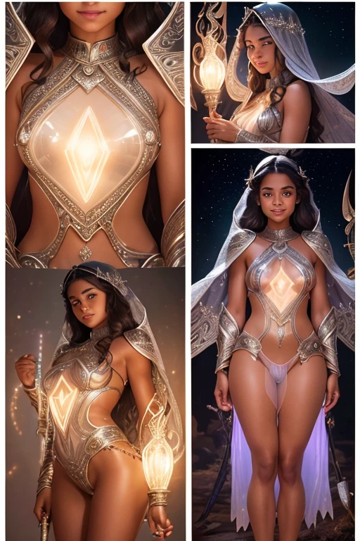 A young 15- yr old native Australian girl with lovely charming face,( brown skin texture masterpiece), (smiling with exposed teeths showing)(perfect full body detailed anatomy), (Super accessories detailed), (meditating ), (perfect detailed bright sparkling eyes),( short illuminating gold crystalized hair), ((expose big hard erect nipples))(( exposed panty ))((legs wide open showing pussy line))(( Wearing transparent illuminating costume of a magician)), holding a treasure staff or wand (( illuminating different lights covering the sorrounding atmosphere)) on its back wearing beautiful large top hat with butterfly wings detailed design, The character solemnly praying, 7 different perspective view of that same girl & face profile sheet character style 