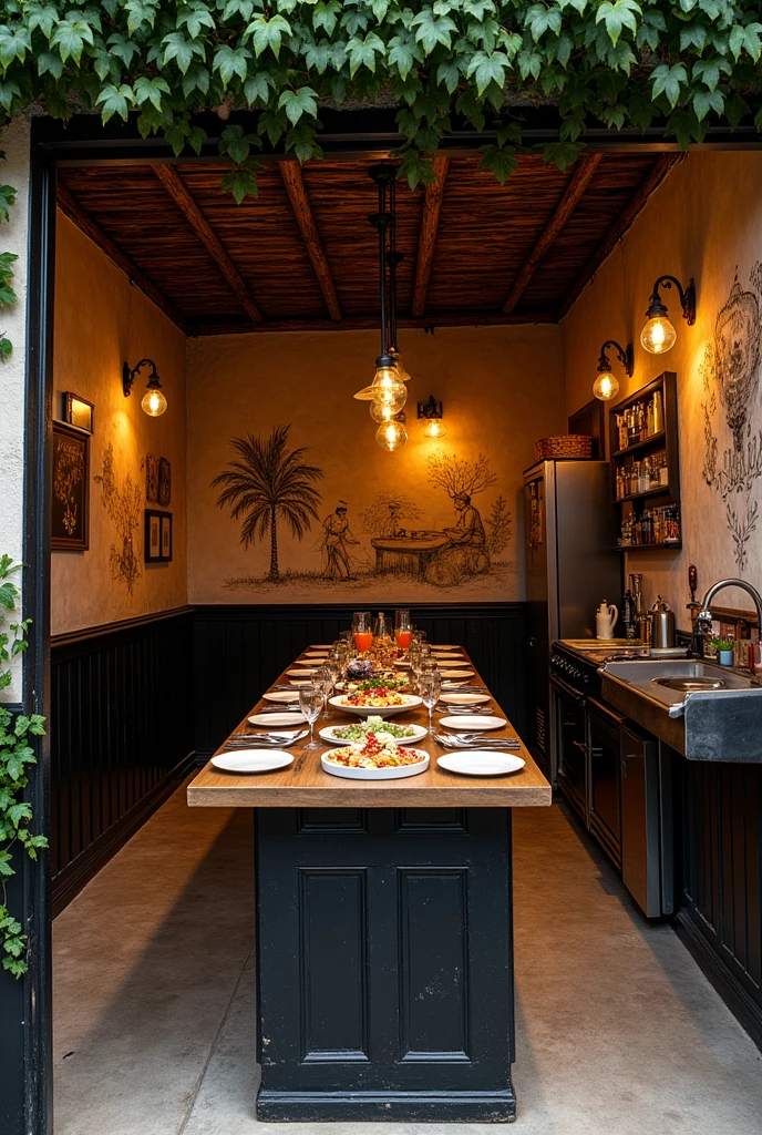 a vintage Italian restaurant, with vines on the roof, on the back wall wooden sticks, attached to the back wall, a kitchen and a refrigerator, On the right side, attached to the wall, a metal table for cooking, In the middle of the room an island to display food, on the side walls it will be black and with. Plaster drawings alluding to Italy, without windows and without tables, just a table to display food horizontally, the plaster drawings on the black side walls.