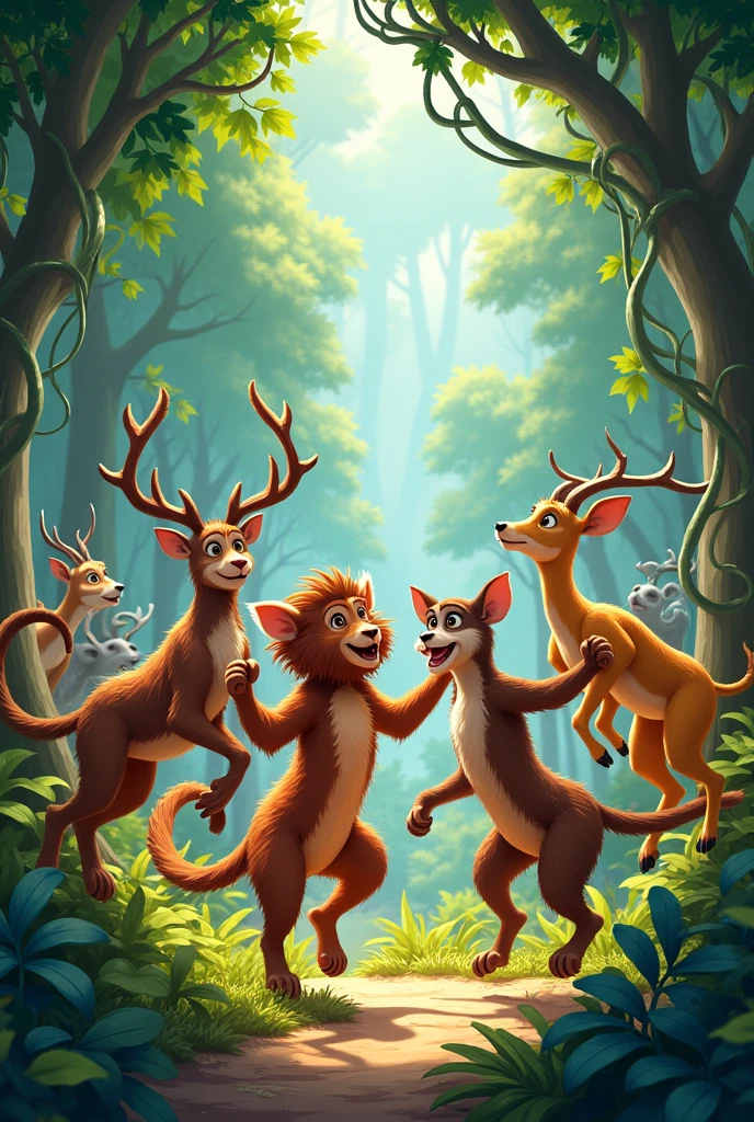 Jump, spin, wiggle, it’s so wild and hearty!
Move like the animals, one, two, three,
Come on everybody, dance along with me! Animals jumping on jungle 