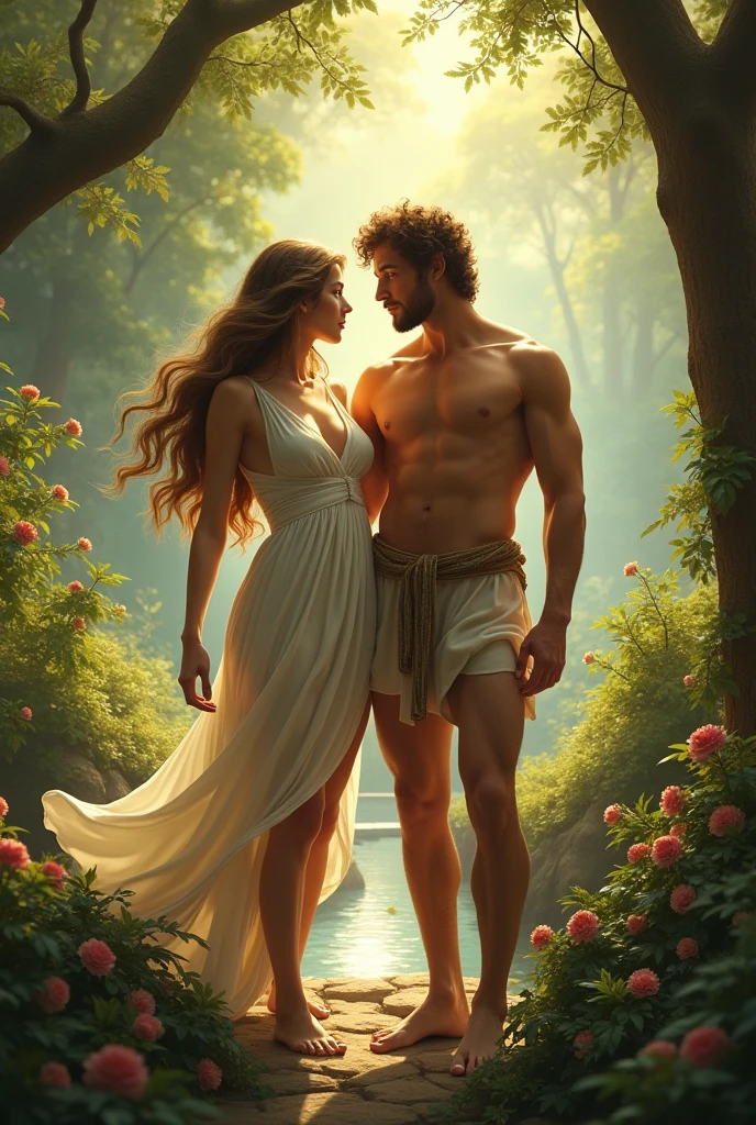 Create an image of Eve and Adam in the Garden of Eden 