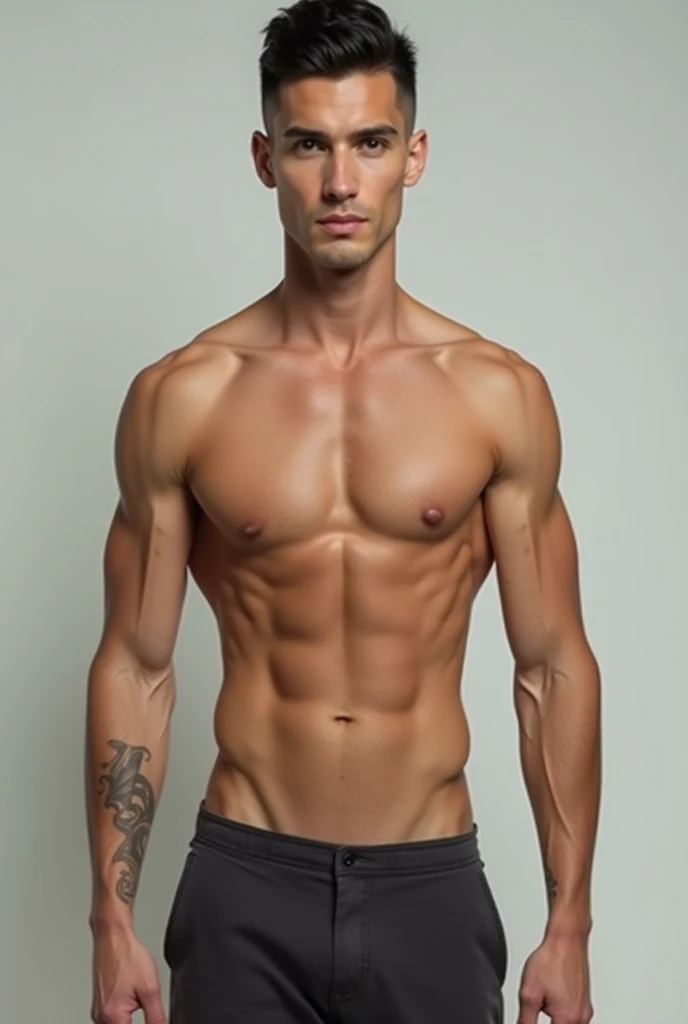 A man of medium height with tan skin, skinny muscular arms and thin skinny legs, face with a turned-up nose and with a black mid-fade haircut without a beard, full body