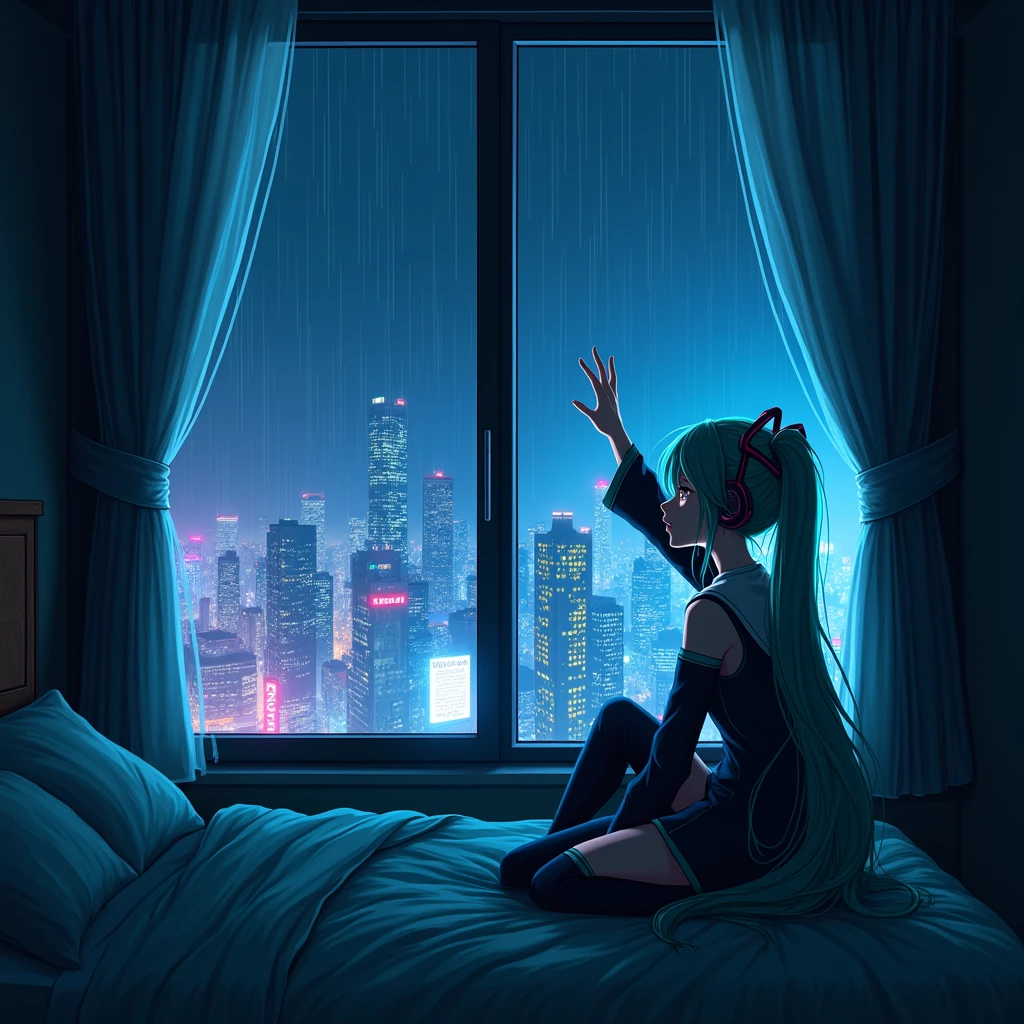 Cyberpunk city anime 2d girl Hatsune miku in bedroom looking from window with hand on the window. Night time neon light mode, raining