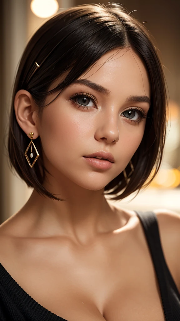 A young lady aged 16 yrs, with short black hair, curly hair, with air bangs. She is wearing a black sweater, worn off her shoulders. She has an athletic figure. She is wearing gold hair pins. She is wearing diamond earrings. Looking directly into the camera. She has dark skin, constricted pupils, parted lips, large breasts, perfect lips, perfect nose, cute face, Hyperrealism, cinematic lighting, jpeg artifacts, close-up view, bokeh, textured skin, UHD, best quality, masterpiece, high details