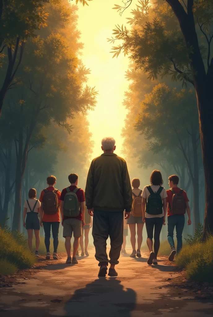 A person accompanying a group of teenagers on the right path, There are two different paths in the picture, one good and another not so good 
