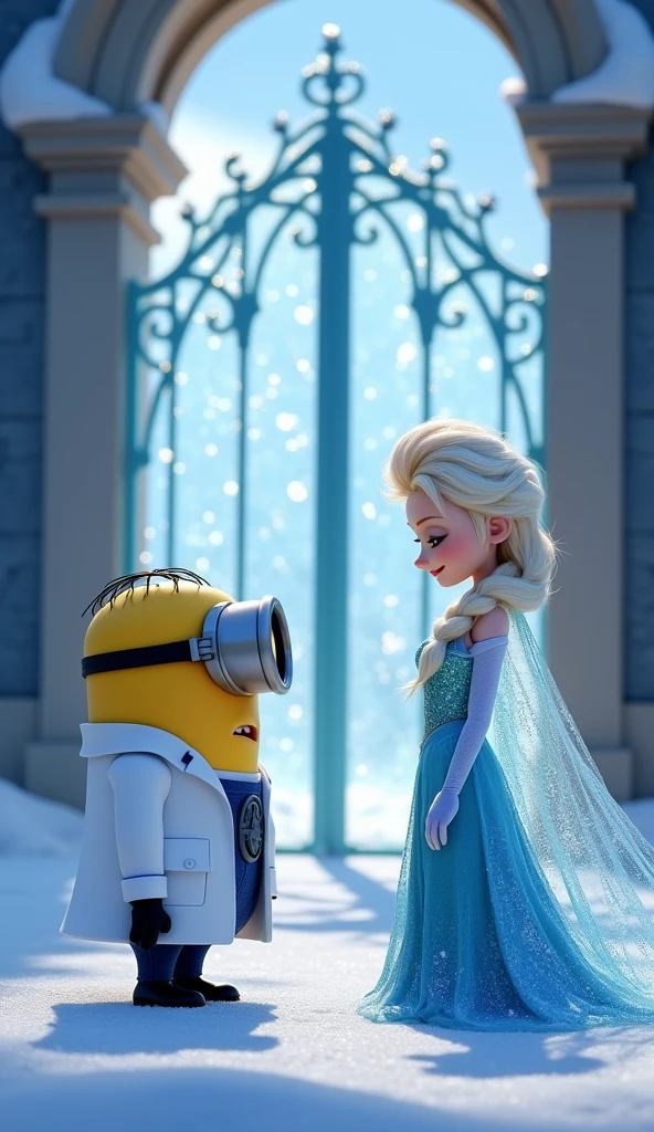 Image of Minion wearing scientist outfit standing opposite queen elsa . The scene in front of the gate is also frozen.