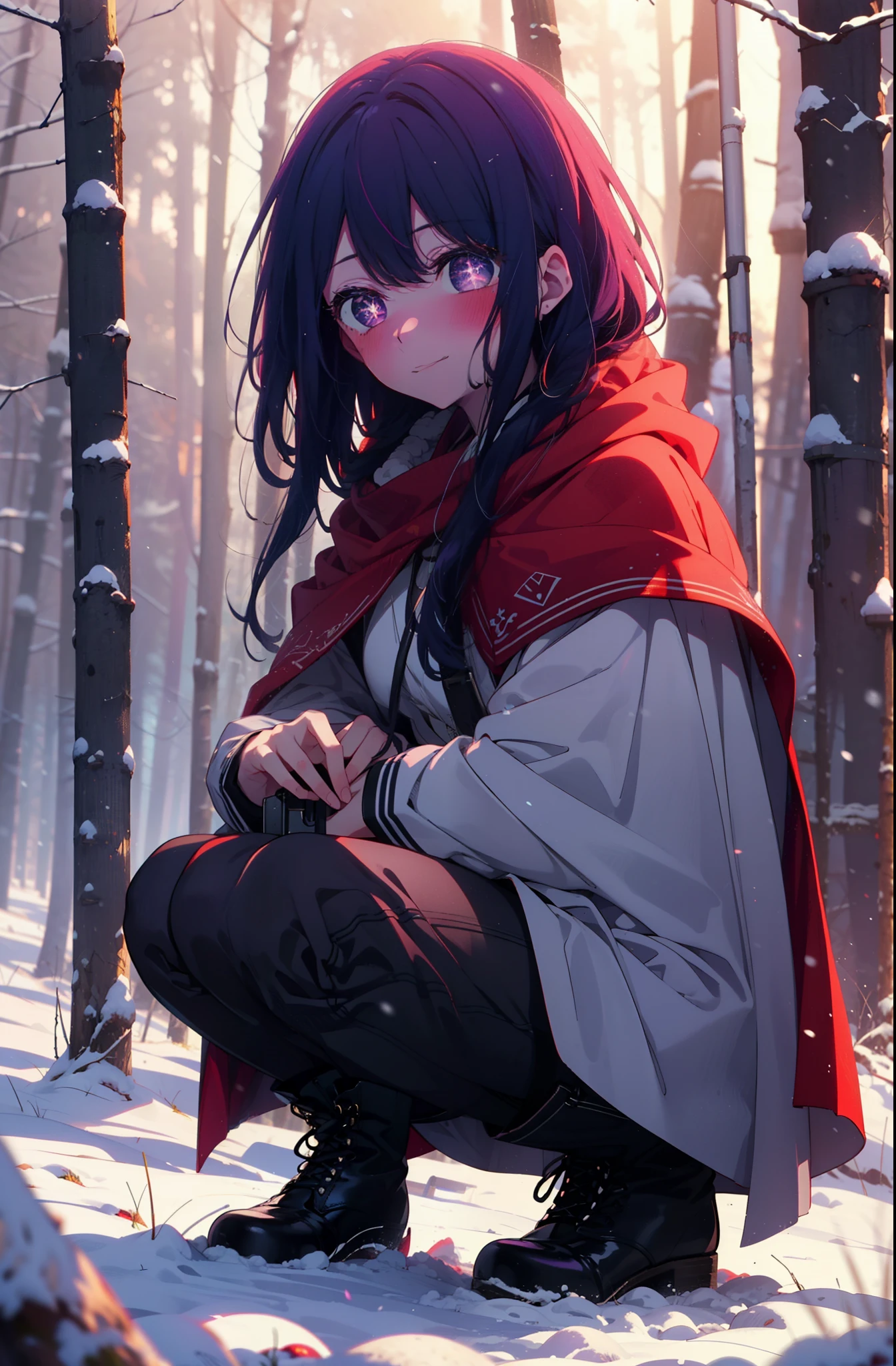 aihoshino, Ai Hoshino, Long Hair, bangs, (Purple eyes:1.1), Purple Hair, (Symbol-shaped pupil:1.5), smile,,smile,blush,white breath,
Open your mouth,snow,Ground bonfire, Outdoor, boots, snowing, From the side, wood, suitcase, Cape, Blurred, , forest, White handbag, nature, Squat, Mouth closed, Cape, winter, Written boundary depth, Black shoes, red Cape break looking at viewer, Upper Body, whole body, break Outdoor, forest, nature, break (masterpiece:1.2), Highest quality, High resolution, unity 8k wallpaper, (shape:0.8), (Beautiful and beautiful eyes:1.6), Highly detailed face, Perfect lighting, Extremely detailed CG, (Perfect hands, Perfect Anatomy),