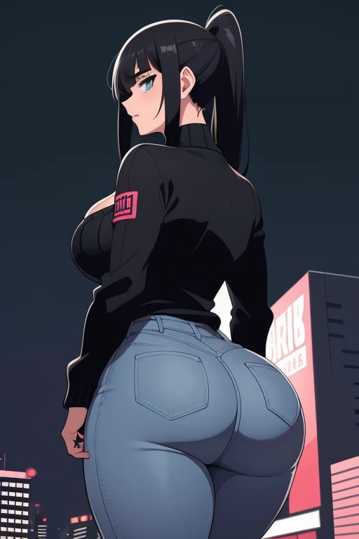 20 year old woman, busty, bubble butt, huge ass, round ass, hourglass figure, skinny, blushing, panicked expression, horny, seductive, black hair, long hair, bangs, ponytail hair, wearing wearing pink sweater, ribbed sweater, turtle neck sweater, jeans, choker, sneakers, tight fitting clothing, cleavage, middrift, anime, city at night, outside, punk, punk style, punk hair, doujin style, manga, flat colours, 2d manga, mecha, futuristic tech, straps, zips, buckles, bare arms, ass focus