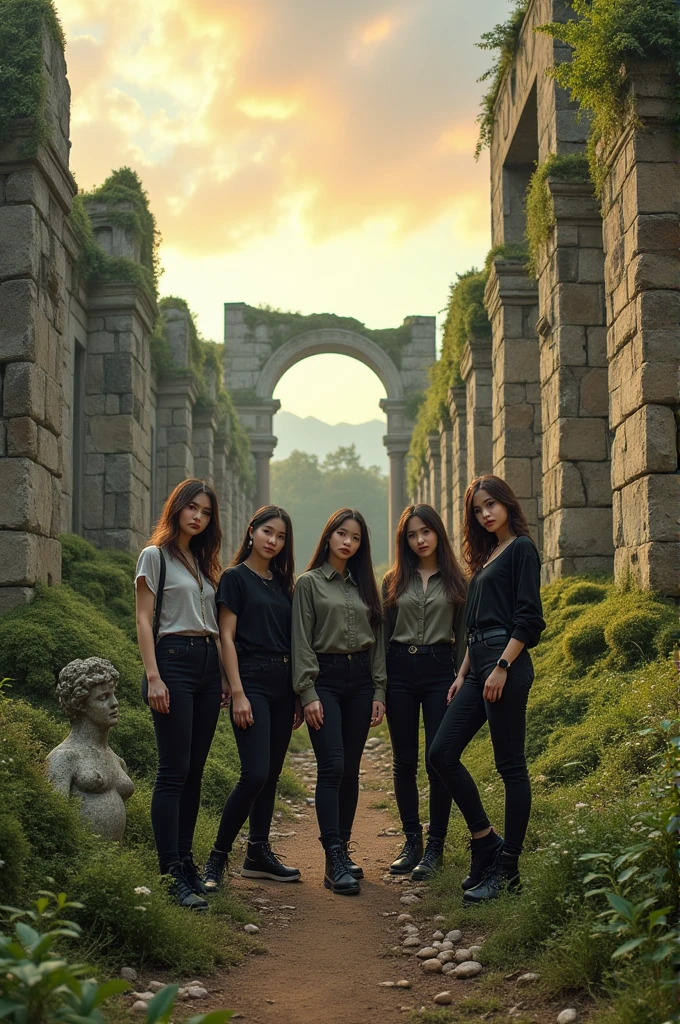 I'm taking photos for a new concept album. Create a concept photo of a girl group posing with crumbling ruins in the background