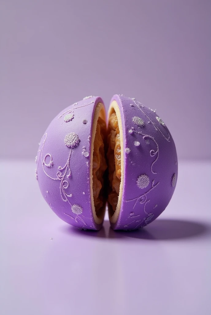 A delicacy that is a purple ball or a pastillas with graham or brown fillings. Cut in half