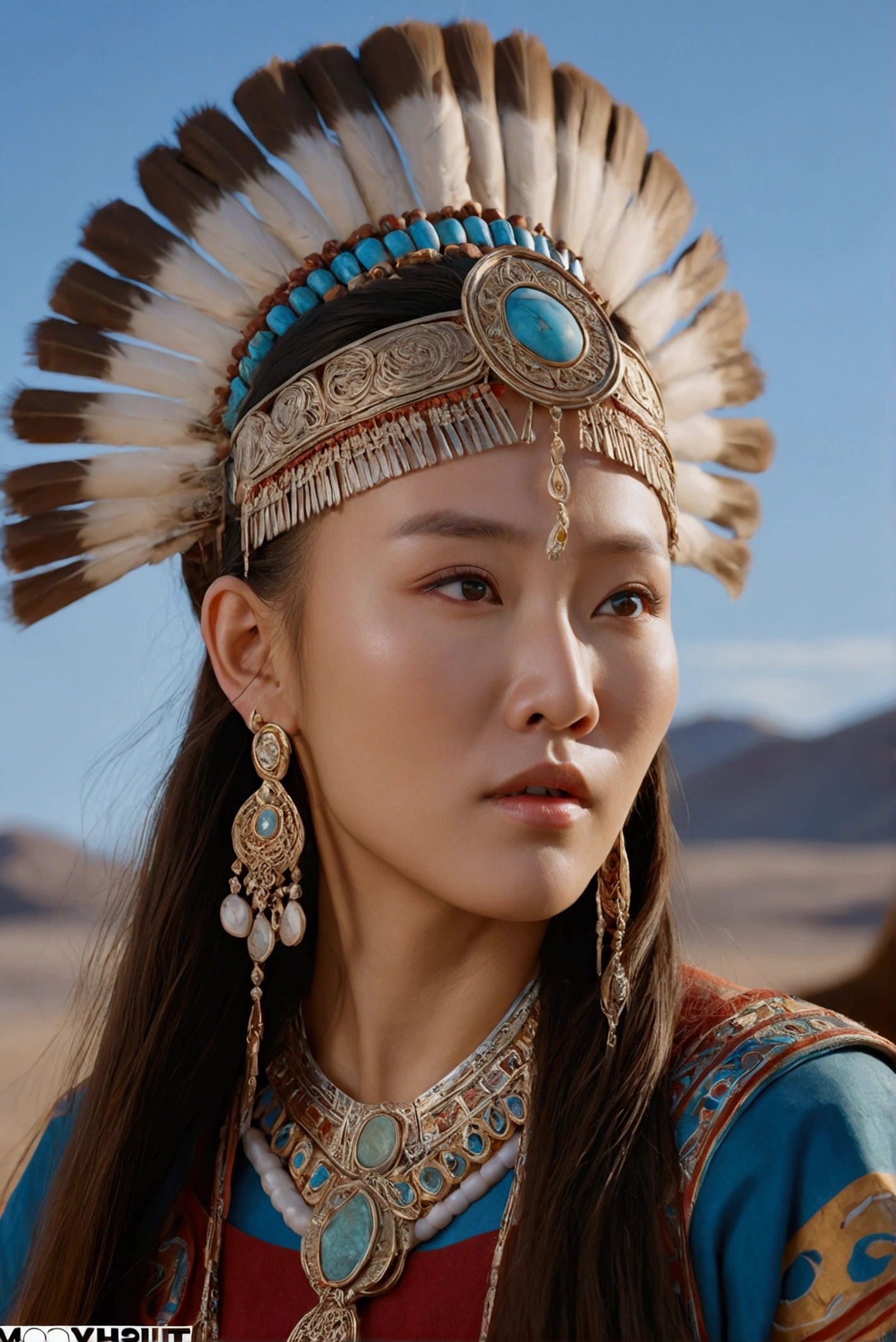 A captivating photo, (wide lens), of a gorgeous ancient Mongolian woman in traditional native attire, elegantly posed, sensual and alluring, featuring intricate jewelry, detailed headdress, warm desert lighting, hyper-realistic textures, cinematic composition, a masterpiece by Sandro Botticelli and Gustav Klimt, high detail, 8k resolution, artstation trending.