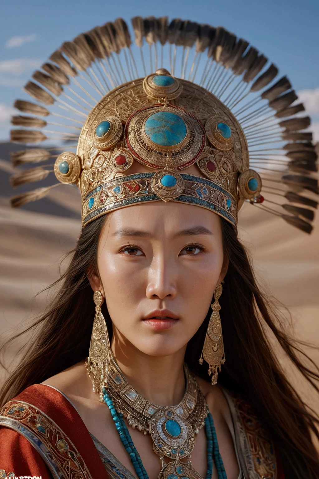 A captivating photo, (wide lens), of a gorgeous ancient Mongolian woman in traditional native attire, elegantly posed, sensual and alluring, featuring intricate jewelry, detailed headdress, warm desert lighting, hyper-realistic textures, cinematic composition, a masterpiece by Sandro Botticelli and Gustav Klimt, high detail, 8k resolution, artstation trending.