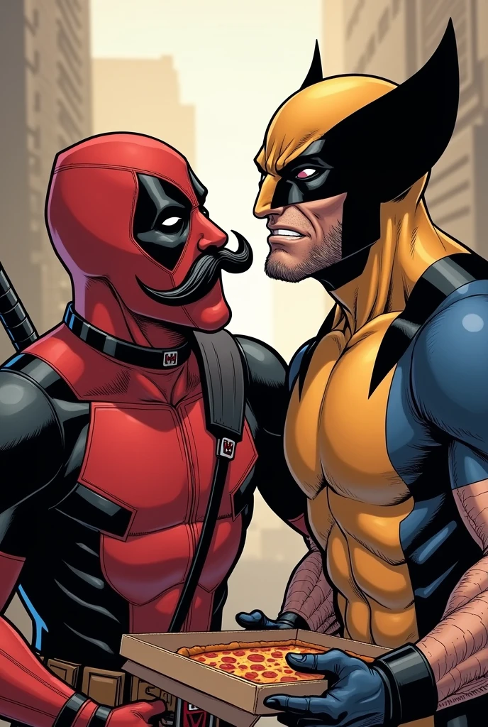  Deadpool slaps a fake mustache on Wolverine, who is visibly frustrated. Deadpool looks overly excited, holding out the pizza box.
  Props: Fake mustache, pizza box.