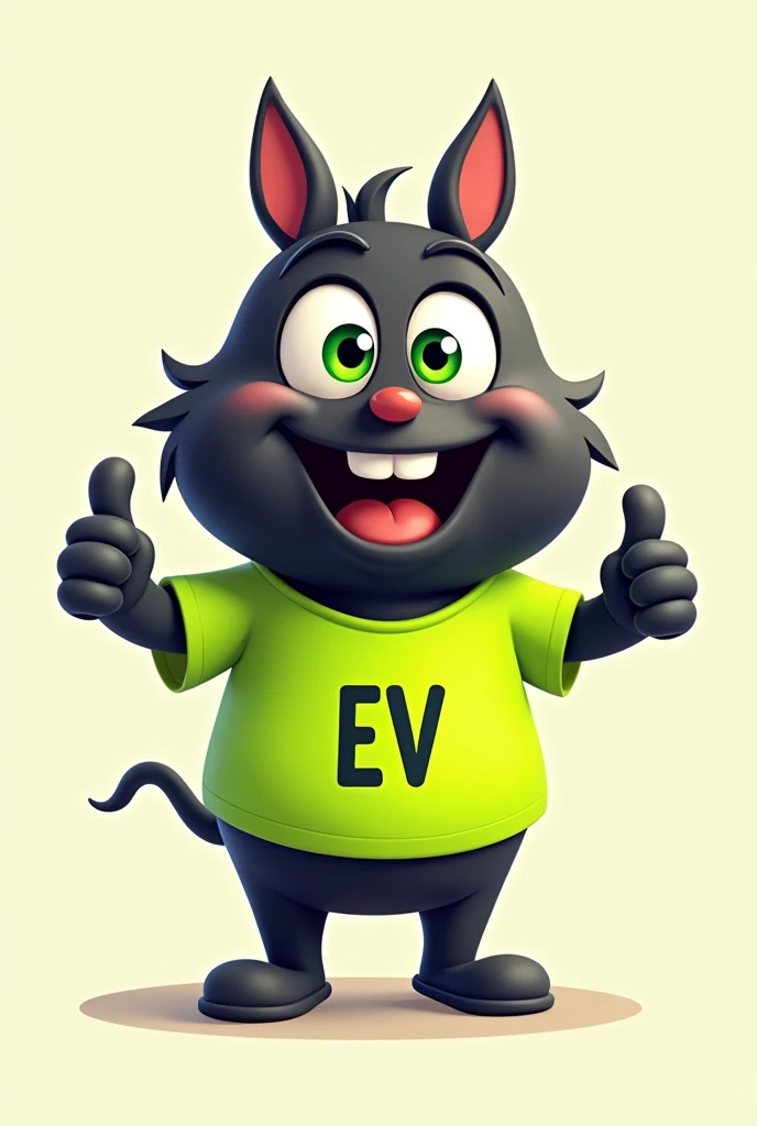 a black u-shaped socket, with white tips, wearing a fluorescent green shirt with EV written on it, giving a thumbs up with big green eyes and a wide happy smile