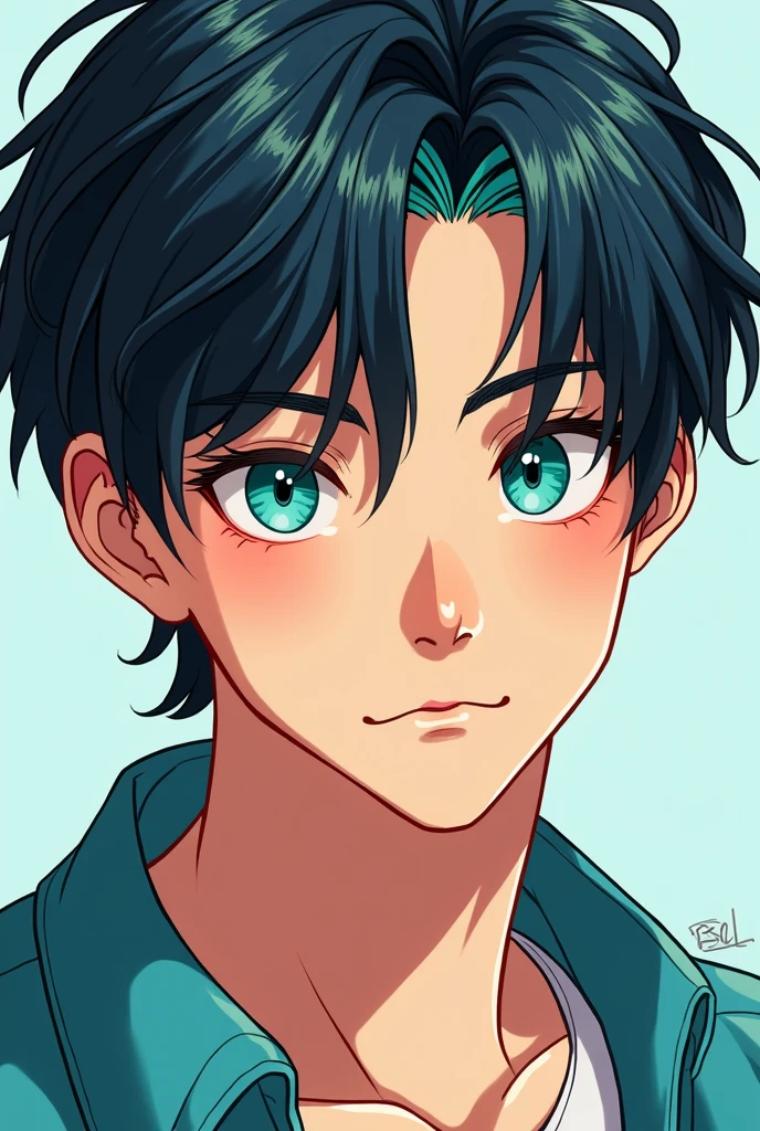 ager man highlightsturquoise-hair base-blackhair Chinese brightskin round-face turquoiseeyes draw