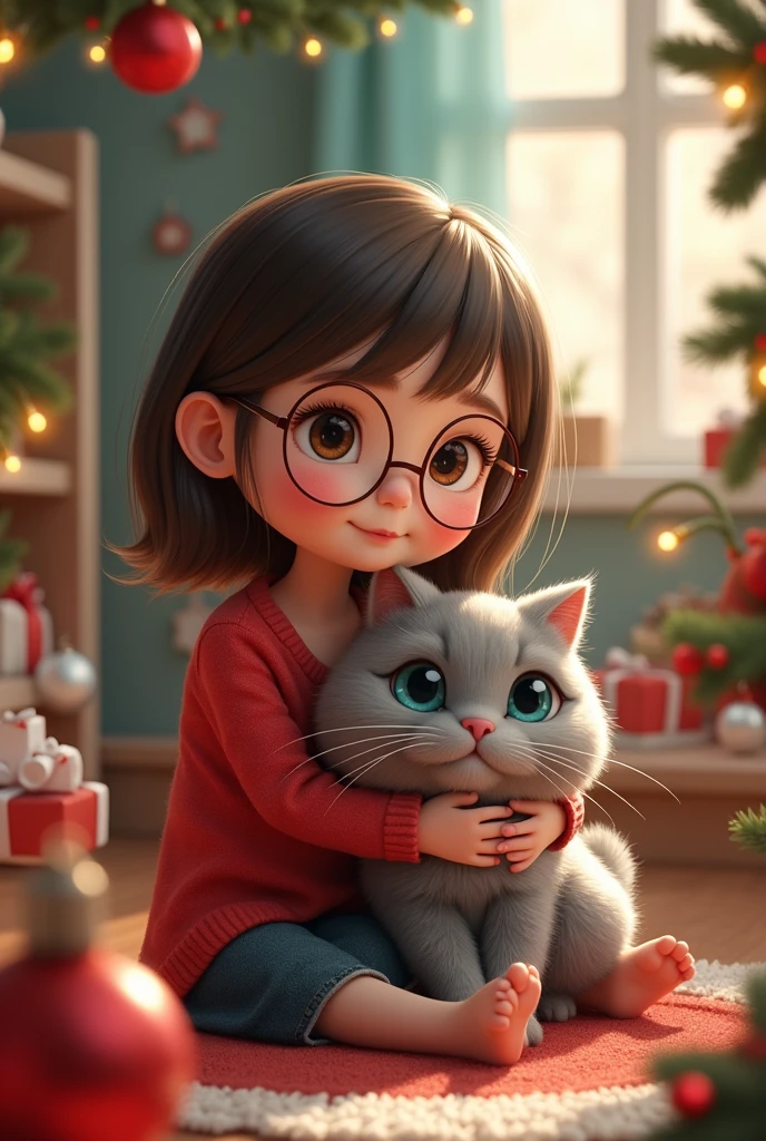 Cartoon photo a girl with her grey cat. The girl round glasses,shoulder hair length .The cat name is Mina. Christmas theme