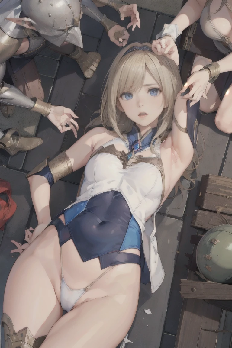 {{{Browsing Caution}}},Mature Woman,Princess,Beautiful Eyes,Warrior,armor,white armor,blonde,Long Hair,hair band,Side bangs,breastplate,Pleated skirt,White Skirt,leotard,white leotard,Camel Toe,1 person,plural,Heterosexual,Red Nose,Open your mouth,cry,embrrassed,Love Juice,the body is slim,Small breasts,Sweat,inhibition,Place your arms behind your head,Please raise your hand,defeat,BDSM,Cowboy Shot,From below ,handcuffs,bondage,indoor,wooden_horse,rubbing the crotch,torture,Goblins,ugly Goblins,pervert Goblins,surrounded by Goblinss,On the body