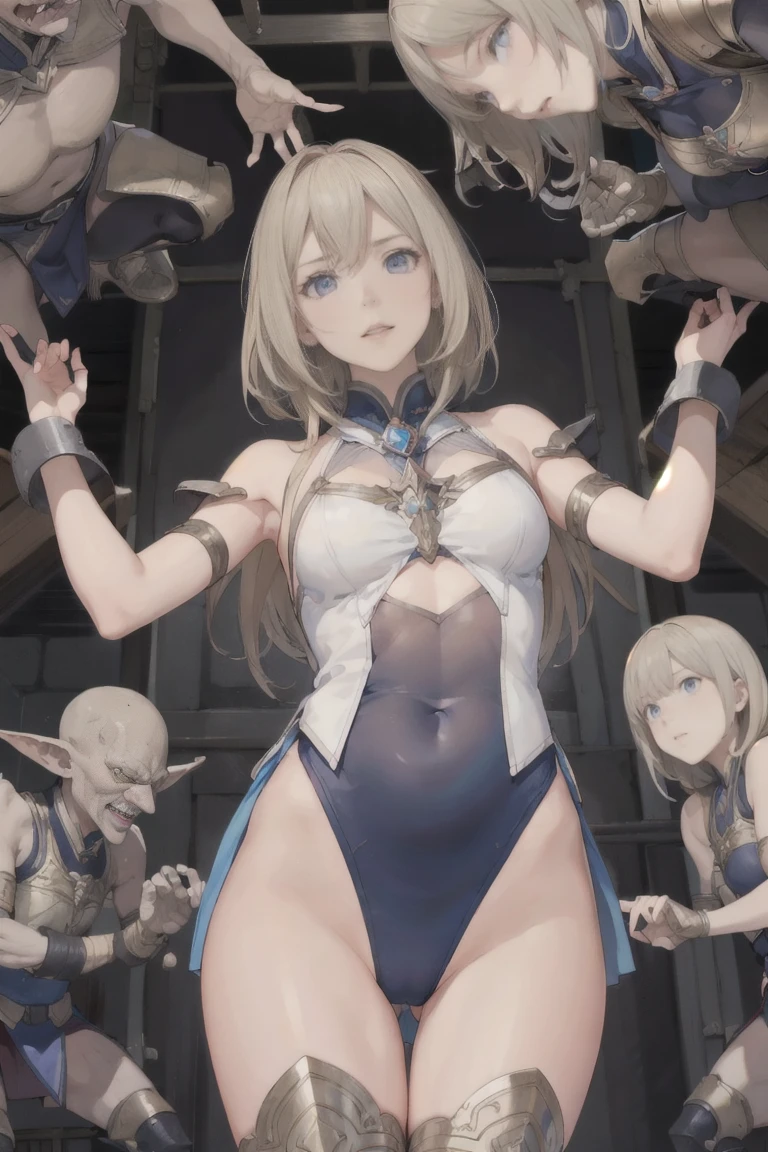 {{{Browsing Caution}}},Mature Woman,Princess,Beautiful Eyes,Warrior,armor,white armor,blonde,Long Hair,hair band,Side bangs,breastplate,Pleated skirt,White Skirt,leotard,white leotard,Camel Toe,1 person,plural,Heterosexual,Red Nose,Open your mouth,cry,embrrassed,Love Juice,the body is slim,Small breasts,Sweat,inhibition,Place your arms behind your head,Please raise your hand,defeat,BDSM,Cowboy Shot,From below ,handcuffs,bondage,indoor,wooden_horse,rubbing the crotch,torture,Goblins,ugly Goblins,pervert Goblins,surrounded by Goblinss,On the body