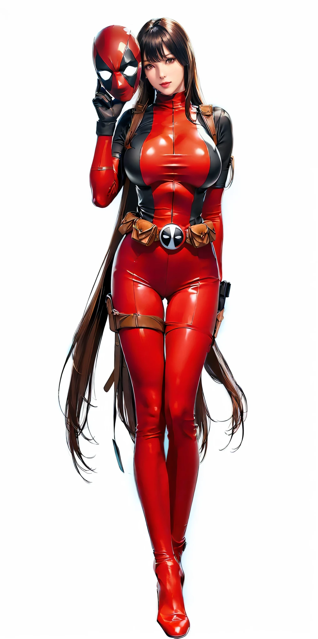 (（（Perfect body,White and tender skin,（（（BodySuit_lady_deadpool_ownwaifu，bodysuit, skin tight, superhero, Belt Pouch, utility belt, red bodysuit, gloves, weapon on back, thigh pouch, thigh strap, thigh holster, belt buckle, turtleneck, ）））,（（（ailisha，Black long hair, super long hair, slanted bangs, brown eyes, red lips））），((masterpiece)),high resolution, ((Best quality at best)),masterpiece,quality,Best quality,（（（ Exquisite facial features,Looking at the audience,There is light in the eyes,Smile））），heart hands，own hands together）））,（（（Light and shadow,Huge breasts，）））,（（（Looking at the camera,White background,)））)